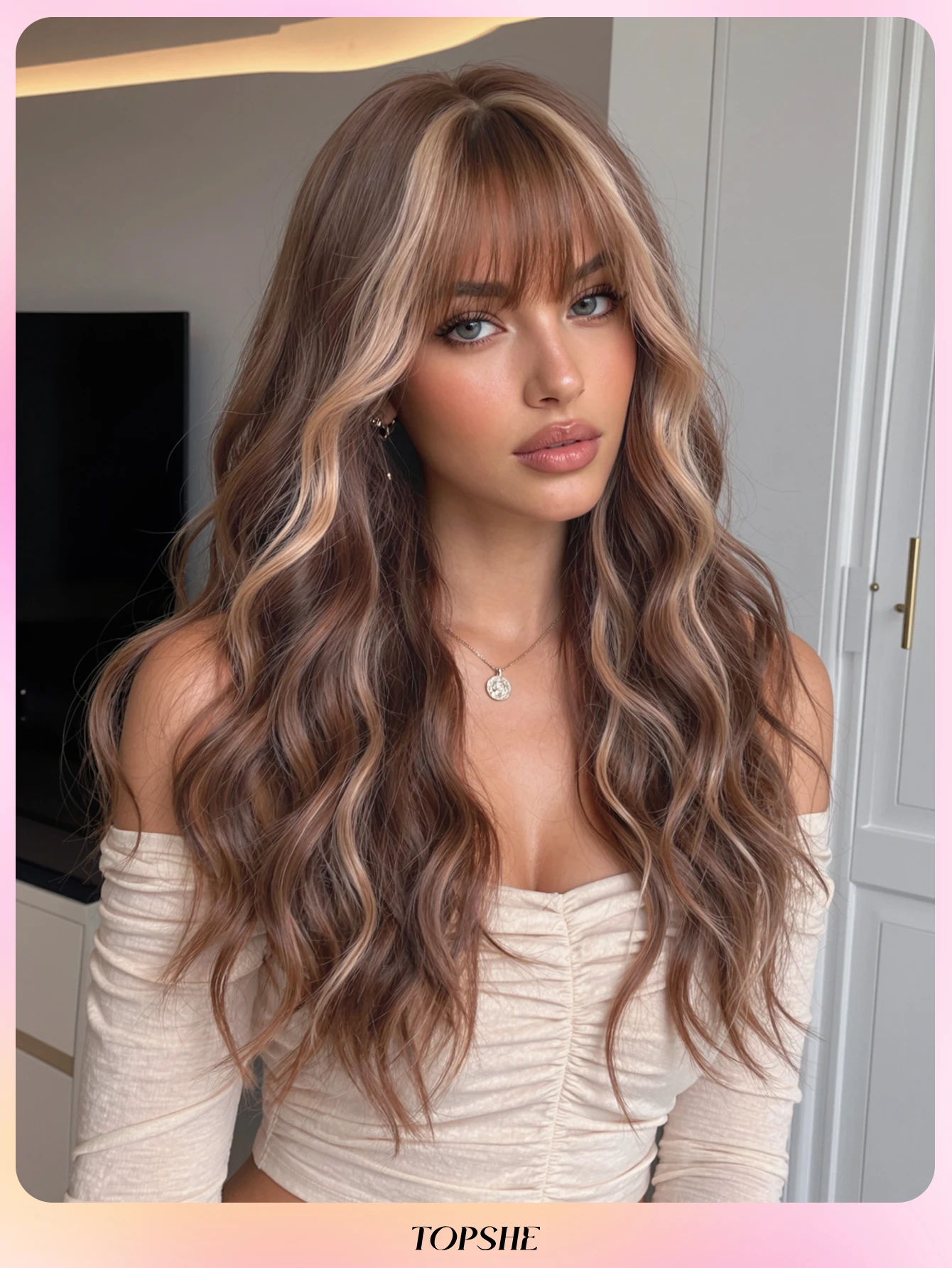 TopShe 26-inch Long Wave Wig with Bangs for Woman Ash Brown Wig with Blonde Highlights Halloween Wig Curly Synthetic Wig with Fringe Heat Resistant Fiber Suitable for Halloween Cosplay Costume Party