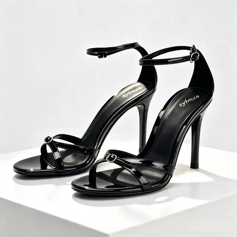 Black Patent Leather Buckle High Heel Sandals Women Fashion Round Toe Ankle Strap Party Dress Shoes Elegant Brand Designer Shoes view 5