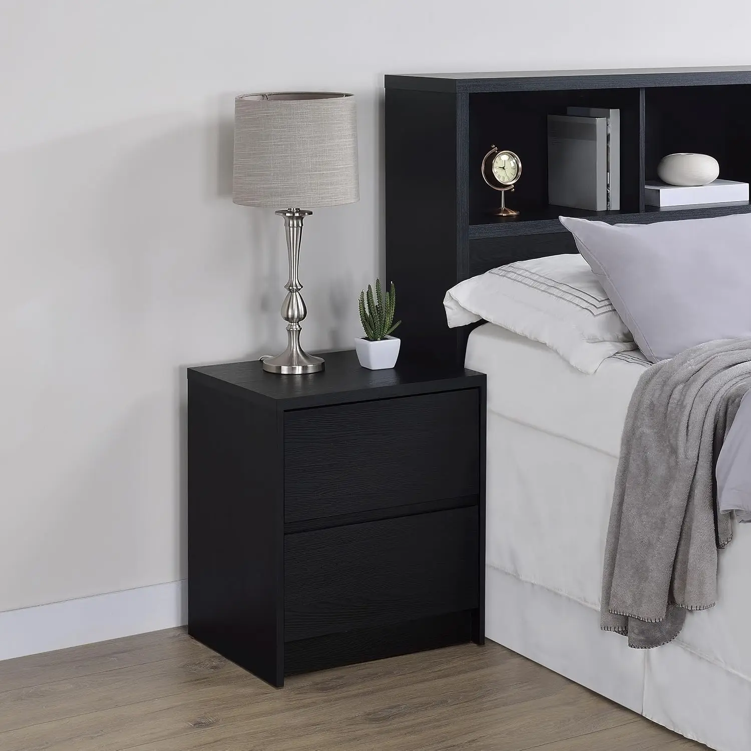 Compact Black Nightstand with USB Ports LED Lights & Two Drawers, Customized