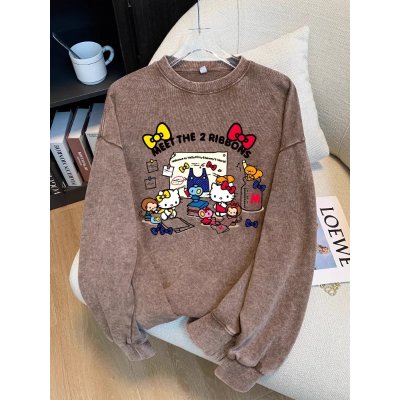 Cartoon Hello Kitty Women's T-Shirt Winter Cotton Crew Neck Long Sleeve Casual Anime Peripheral Women's Top New Sanrio T-Shirt