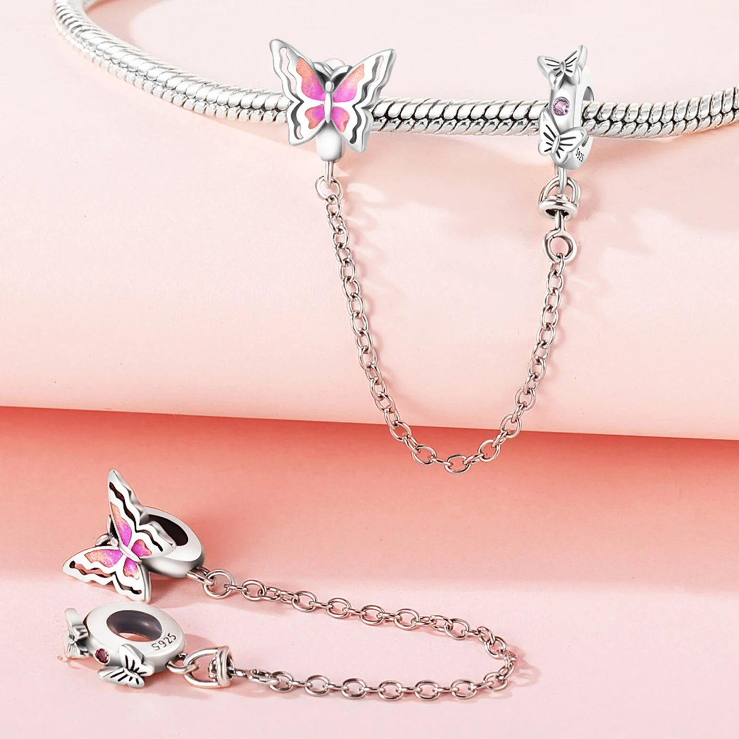 MISEFF S925 Sterling Silber Charm, exquisiter rosafarbener Schmetterlings-Sicherheitskettenanhänger, passend für Original-Armbänder, DIY-Schmuckherstellung, Geschenke