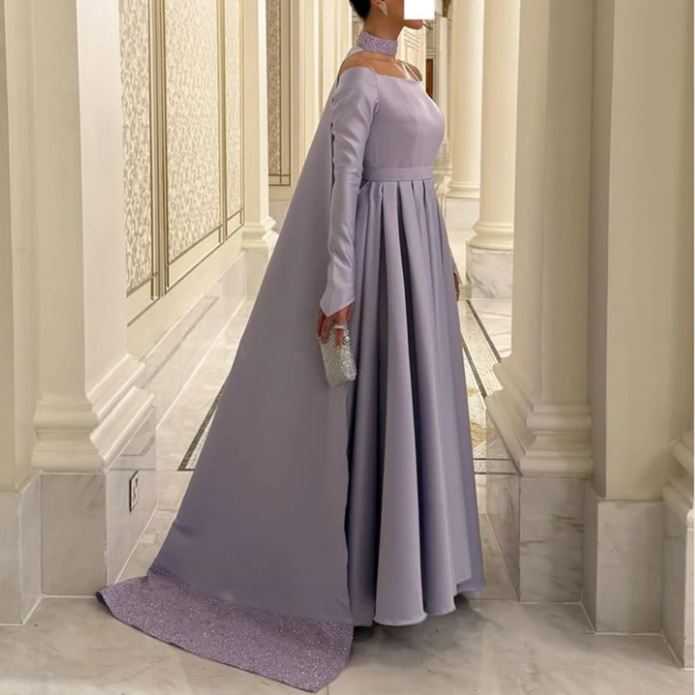 

Customized Boat Neckline Lavender Draped Jersey Evening Dress Sequined Sweep Train A-line Ankle Length Party Prom Gown For Women