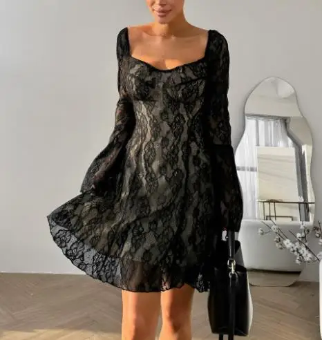 

Autumn black sexy design with lace hollow out temperament square neck bubble sleeves slim fit lace up dress for women