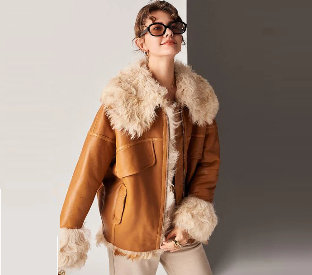 Denny&Dora Womens Sheepskin And Fur Coat Womens Shearling Aviator Jacket Warm Natural Fur Coat