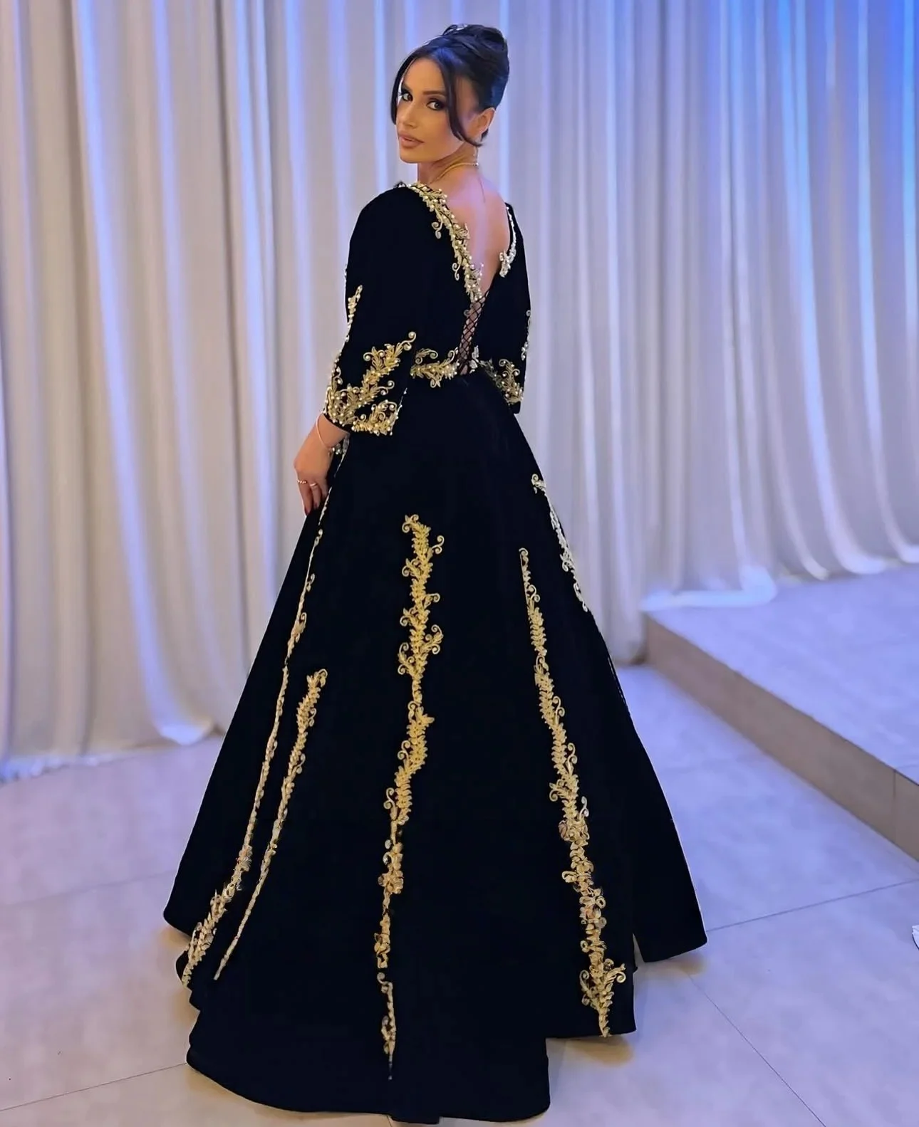 Caftan marocain noir, robes de soirée musulmanes, ligne a, manches 3/4, avec des Appliques, dubaï, arabe, Abaya, robe islamique personnalisée