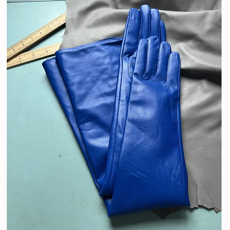 Ultramarine sheepskin gloves 50cm 60cn 70cm long over the elbow ladies stage performance photo long gloves men's same style