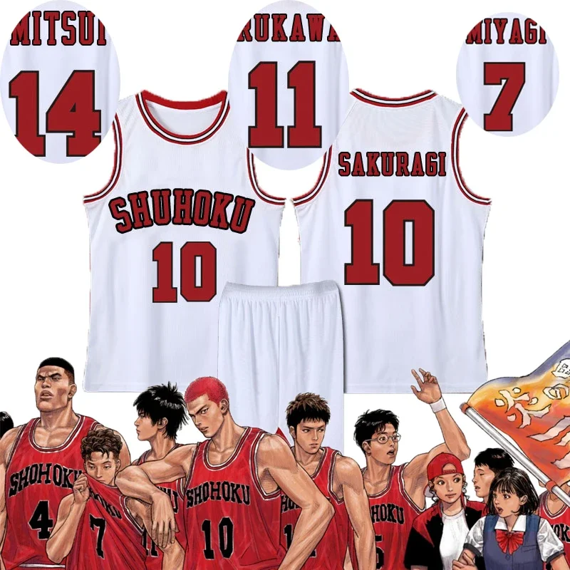 Anime branco Anime Cosplay Jersey, Slam Dunk, Sakuragi Hanamichi, Kaede Rukawa, Shohoku, Basquete, Roupa esportiva
