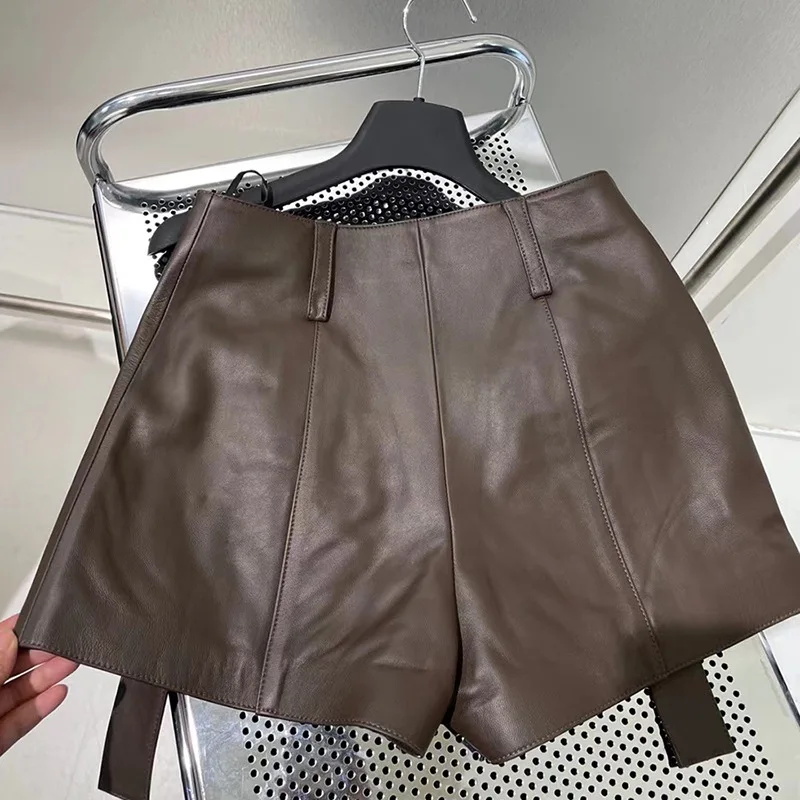 Pantaloncini in vera pelle di lusso da donna retrò High Street in pelle di pecora a vita alta pantaloni Cargo alla moda pantaloncini in pelle a gamba larga stile Y2K