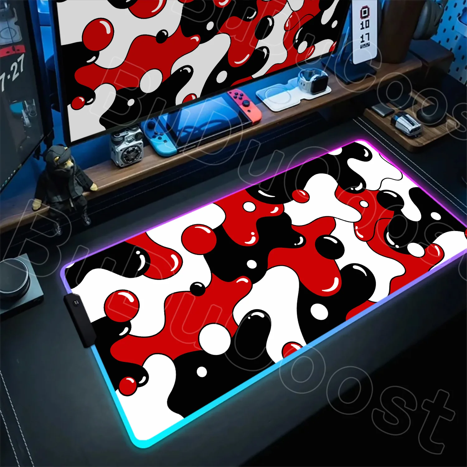 

Red Black And White Strata Liquid Mousepad RGB Rubber Mouse Pad LED Abstract Large Pc Student Writing Pad Gamer Luminous Deskmat