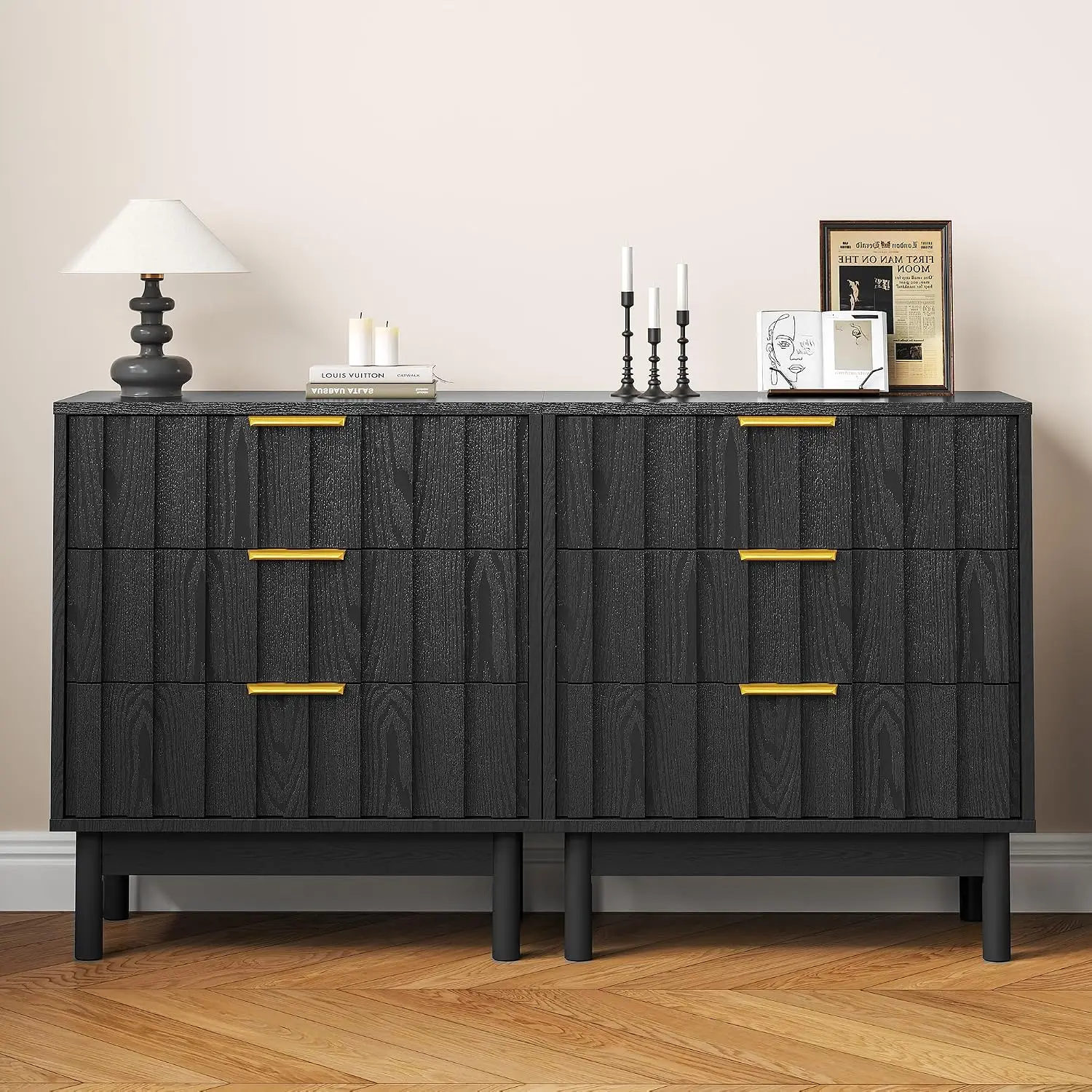 Modern 3 Drawer Wooden Nightstand Set of 2, Fluted Storage Side Table with Edge Pull for Bedroom & Living Room, Customized