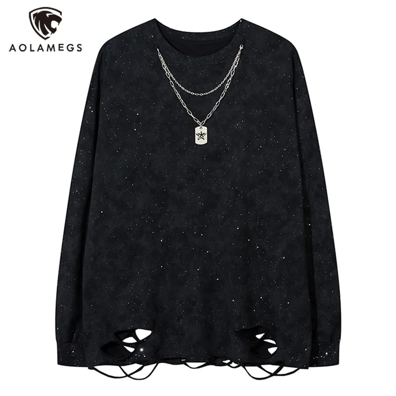 Men's Long Sleeve T-shirt Hollow Holes Fashion Tops Harajuku Loose Tees W/ Chain Same Style for Men Women Hoodie New multicolor