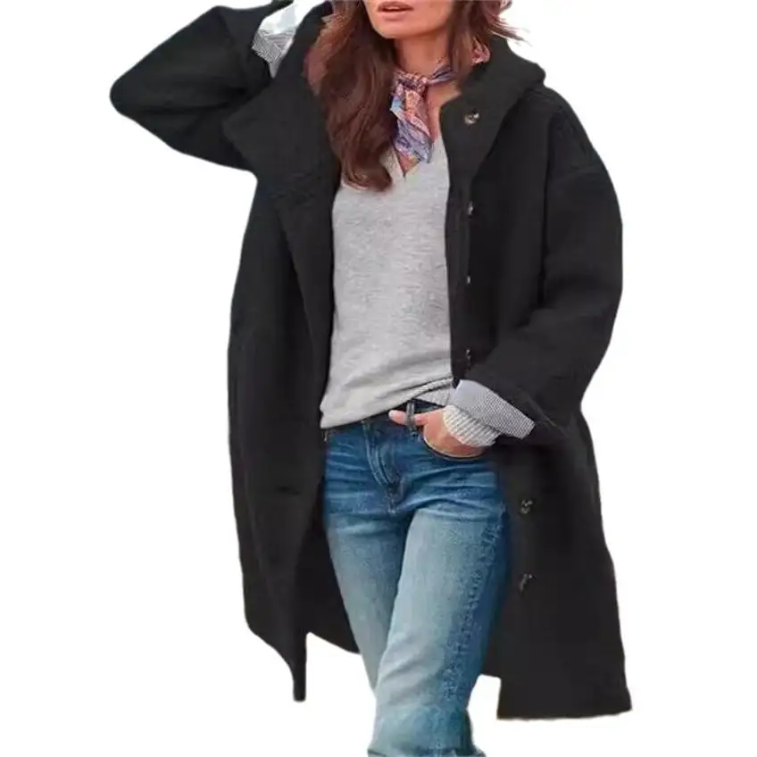 

Autumn Season Women's Thiened Long Hooded Woolen CoatPure Color Polyester Fiber