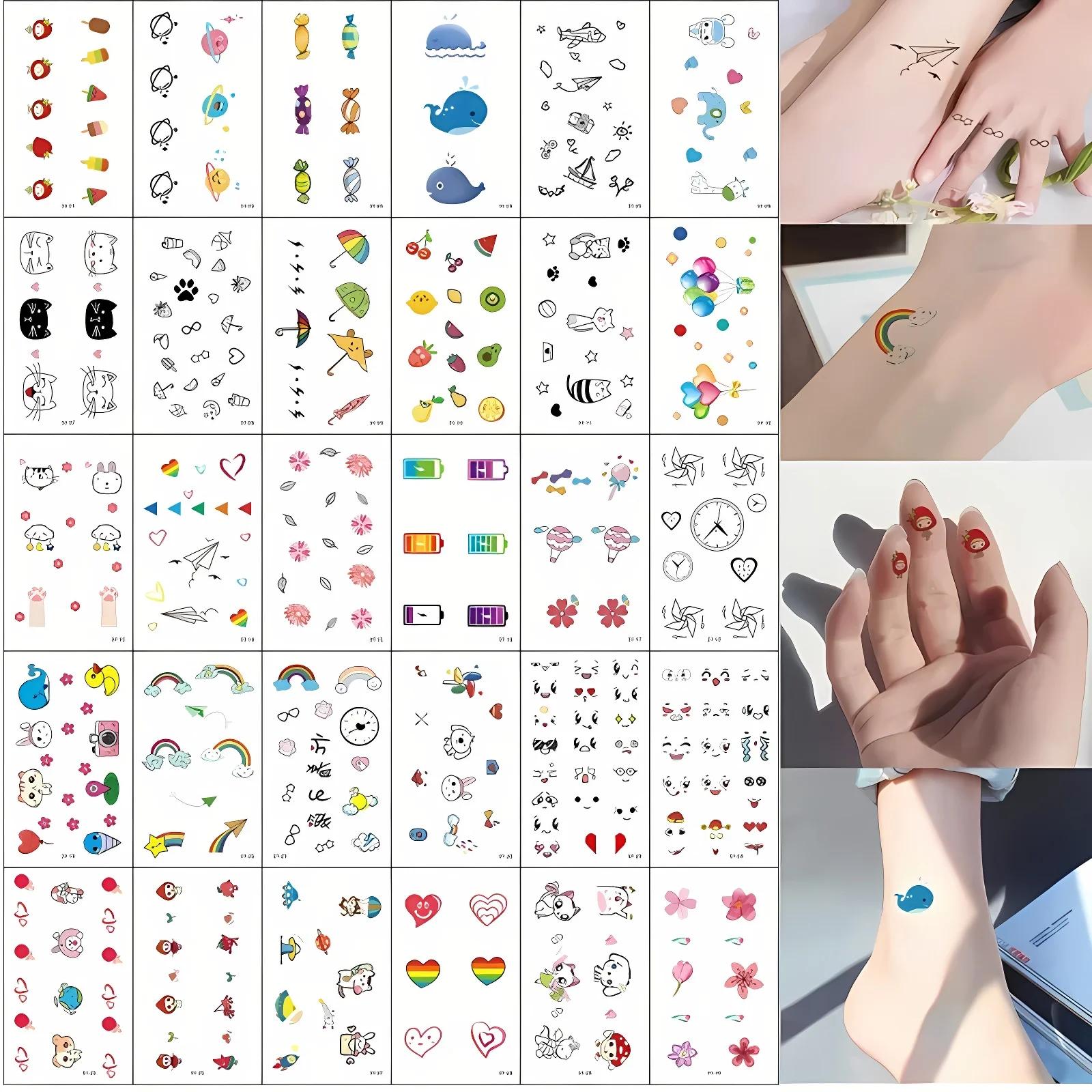 30pcs kawaii Temporary Tattoos Tiny Colorful Heart Candy Umbrella Waterproof Tattoos Stickers for Kids Wrist Finger Face Ankle