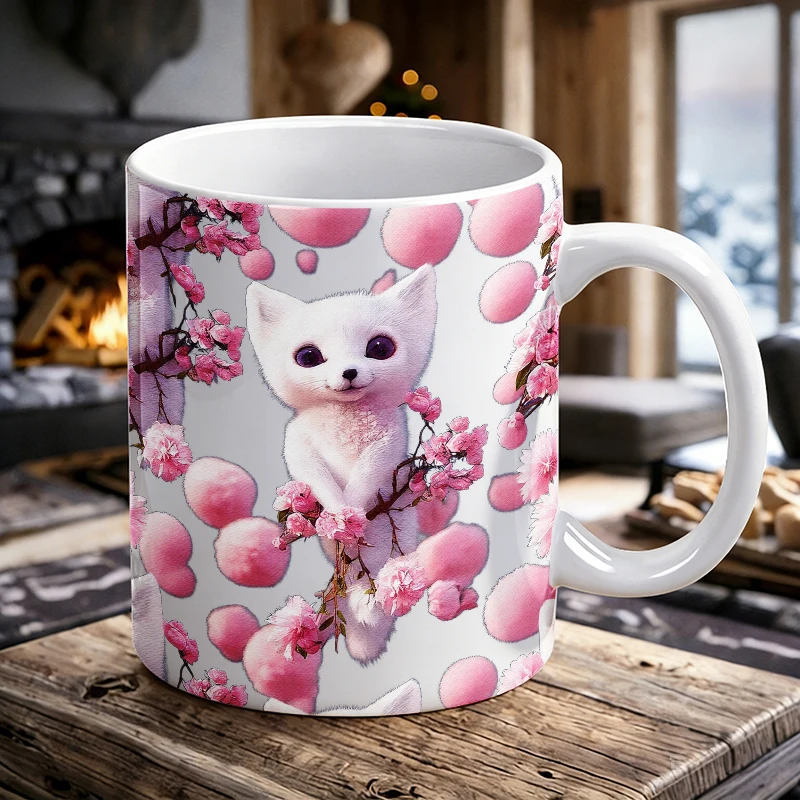 

1PCS Sakura Little White Fox Ceramic Cup, Coffee Cup, Milk Cup, Office Tea Cup, Drinking Cup, Does Not Fade, Gift for Friends