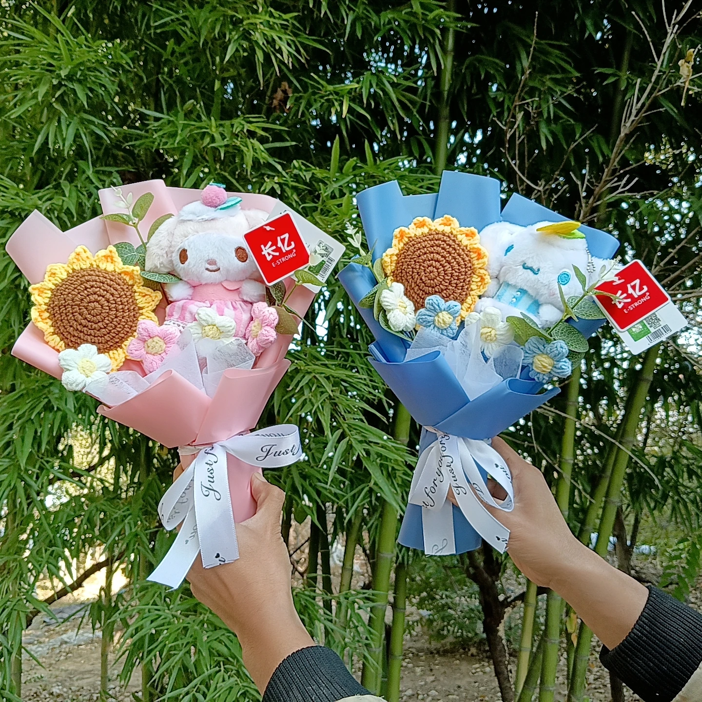 My Melody & Cinnamoroll Plush Doll  Handmade Crochet Knitted Sunflower Flower Bouquet Gift for Birthday, Graduation & Holiday