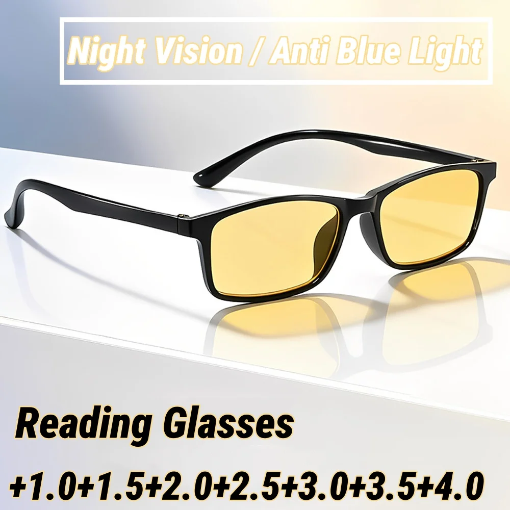 

Новые черные квадратные очки для чтения с ночным видением, антибликовые, с защитой от синего света, ультралегкая оправа TR90, очки для пресбиопии