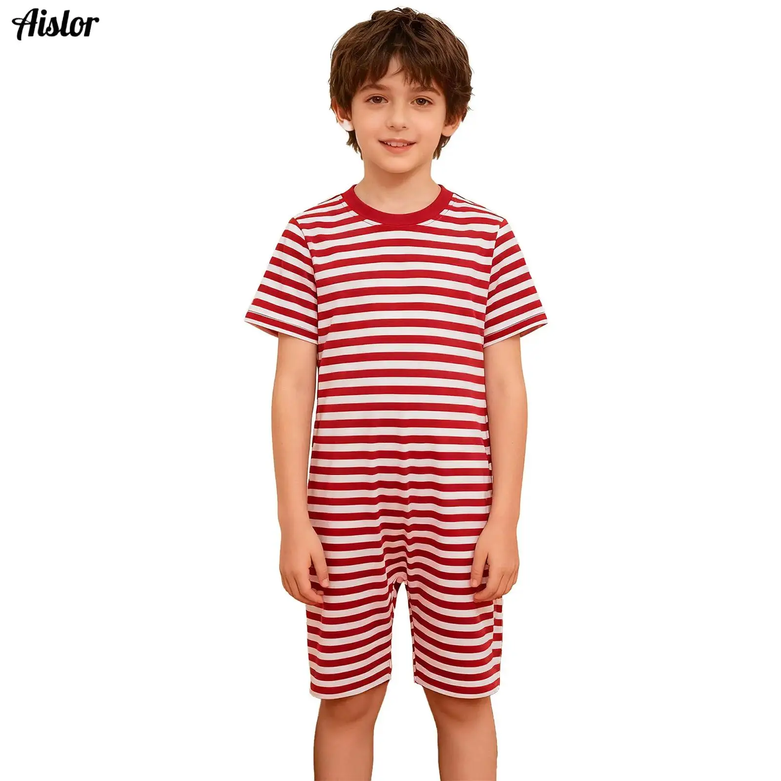 

Kids Boys Girls Special Needs Adaptive Clothing Round Neck Short Sleeve Thigh Length Anti-Strip Zipper Striped Jumpsuit Rompers