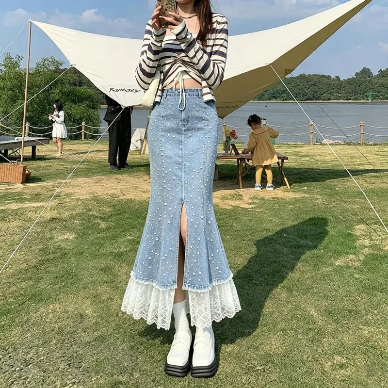 Lace Stitched Denim Skirt 2026 High Waist Skirt Split Ends Medium and Long Skirt