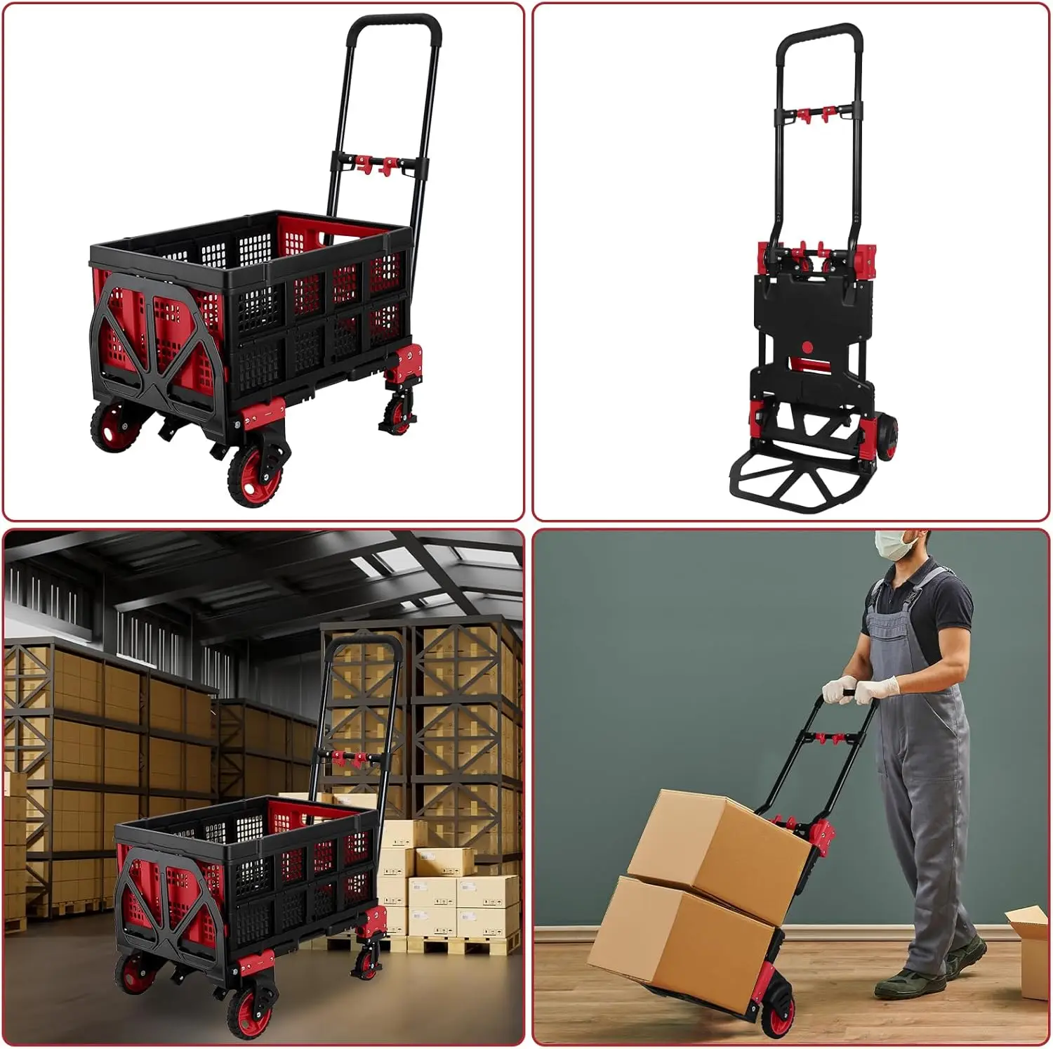 2 in 1 Hand Truck Dolly with Folding Basket,Folding Hand Truck Heavy Duty 330lbs Capacity,Foldable Hand Trcuk with Retractable