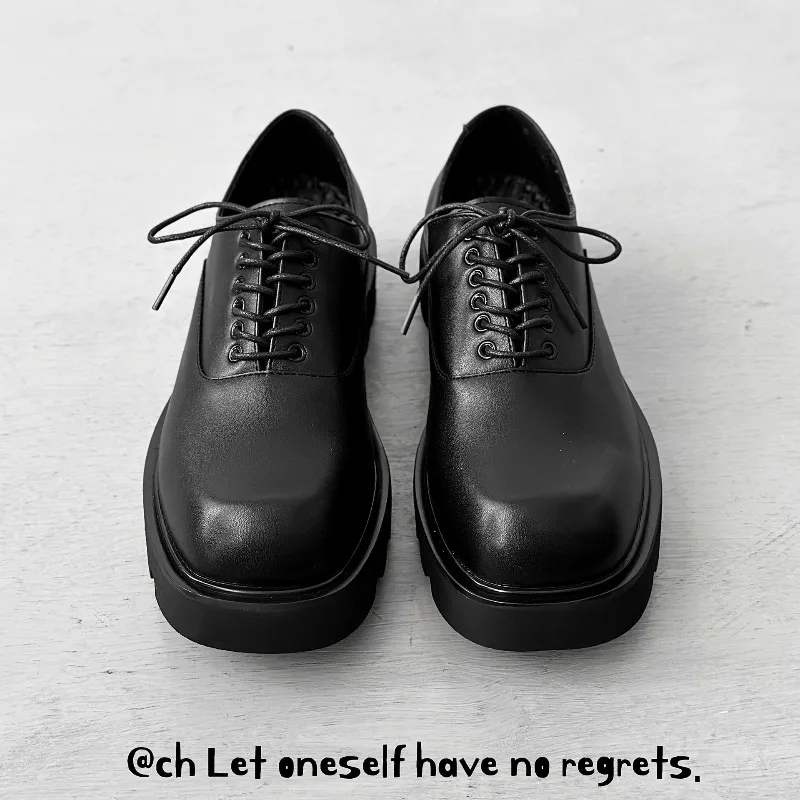 Square Headed Leather Shoes for Men with High-end Feel,thick Soled Korean Version,niche Design,men Height Increasing Derby Shoes