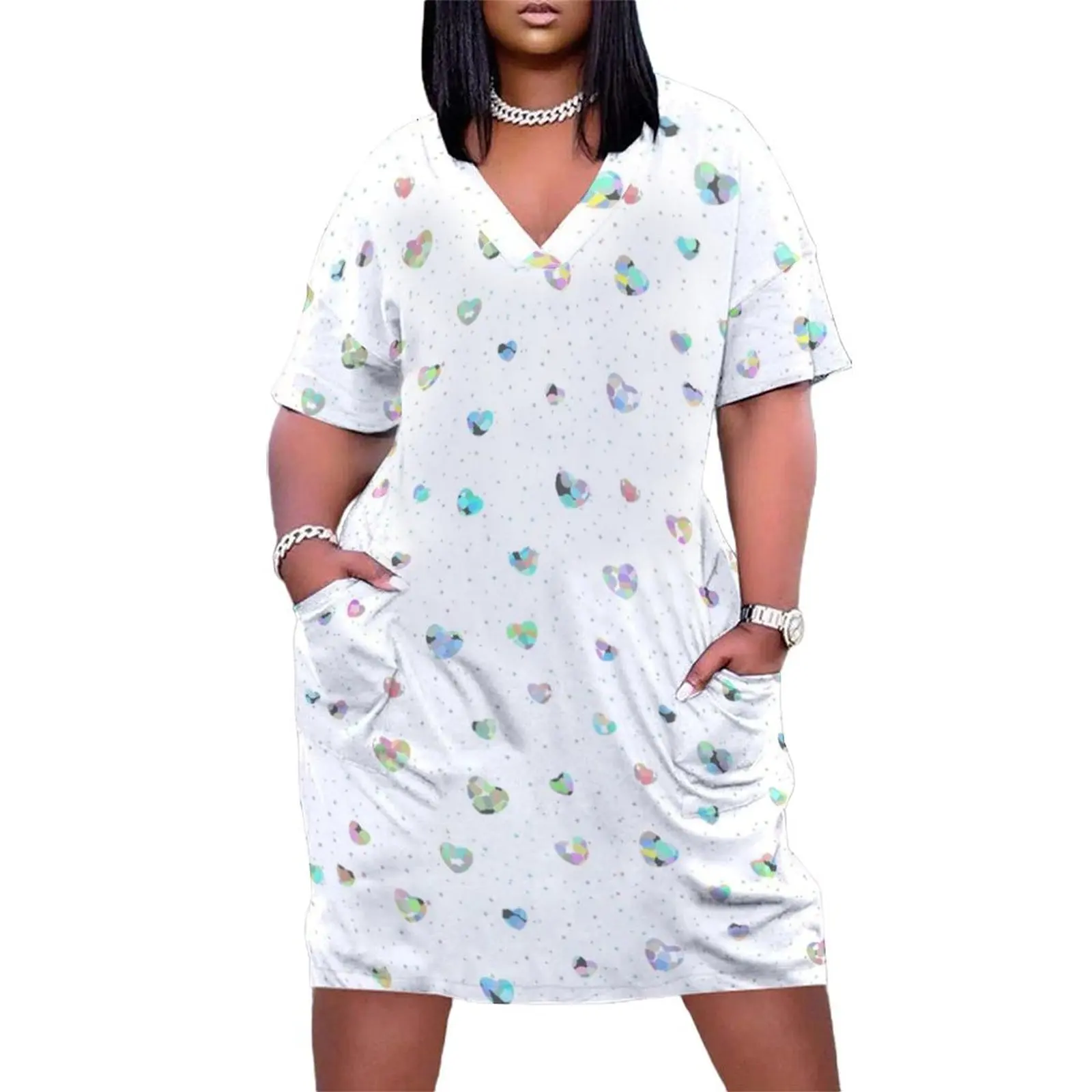 

Rainbow Holographic Iridescent Hearts Confetti Glitter Pattern (White) Loose Pocket Dress dresses korean style Dresses gala