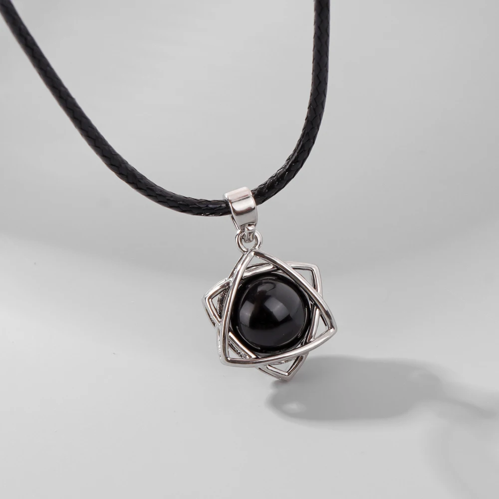 Reiki Healing Black Onyx Obsidian Necklace Retro Six-pointed Star Pendant Leather Rope Chain Neceklaces For Women Men Jewelry