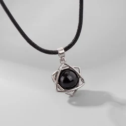 Reiki Healing Black Onyx Obsidian Necklace Retro Six-pointed Star Pendant Leather Rope Chain Neceklaces For Women Men Jewelry