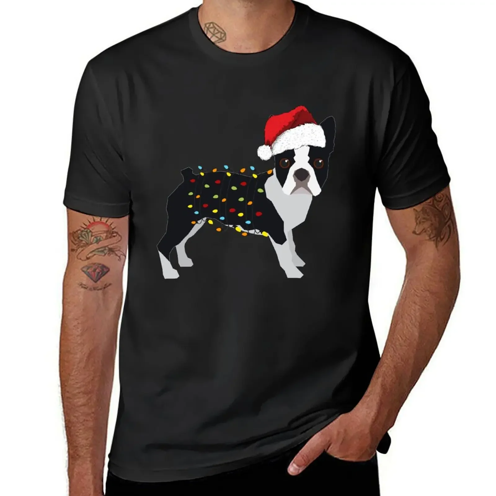 

Boston Terrier Holiday Christmas Lights T-Shirt anime clothes Personalized t-shirt custom shirt t shirt men 100℅ cotton