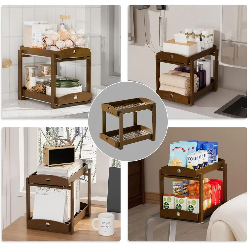 منظم حوض الخيزران بطبقتين، درج منزلق للتخزين للمطبخ والحمام، سهل التجميع، لمسة نهائية من خشب الجوز