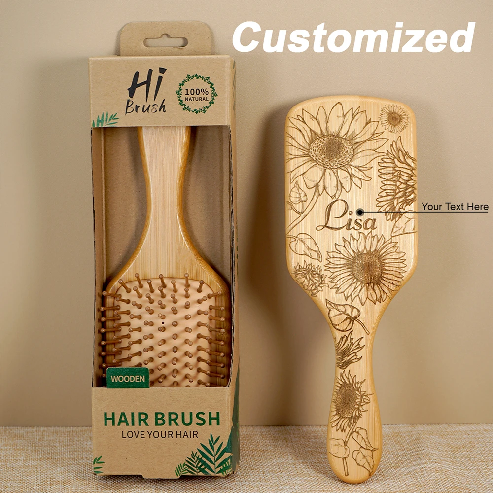 1pc Customized Bamboo Hairbrush Air Cushion Comb Personalised Hair Brush Premium Detangling Massaging Scalp Gifts for Men Women