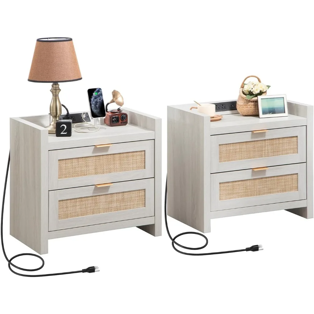 Night Stand Set of 2 - Rattan Nightstands with Type-C Charging Station & 2 Rattan Drawers - Boho Bed Side End Table