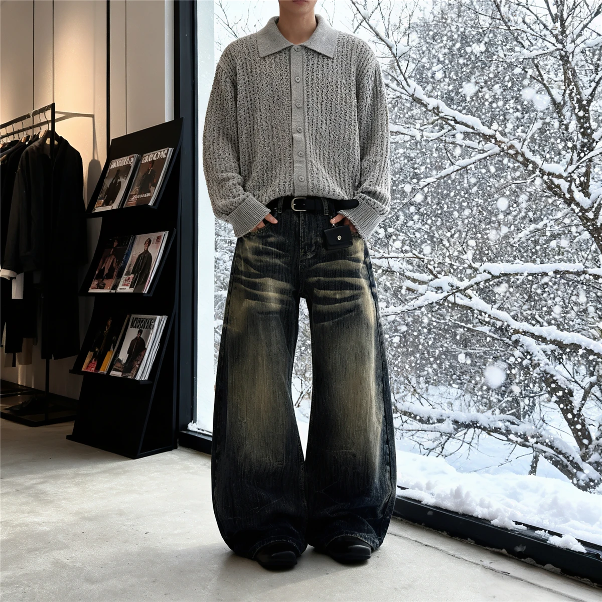 ضوء غسل جينز رجالي غير رسمي متعدد الاستخدامات مستقيم الساق فضفاضة تناسب واسعة الساق سراويل تقليدية لجميع المواسم الذكور السراويل العصرية #3