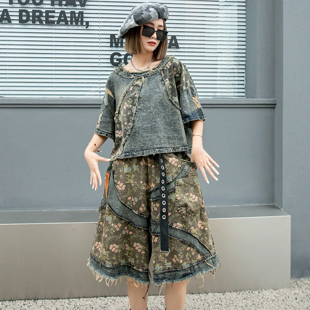 

Floral Denim Short Set Women 2024 Summer Loose Fitting Short Sleeved T-shirt + Cropped Wide Leg Pants Two-piece Set LX864