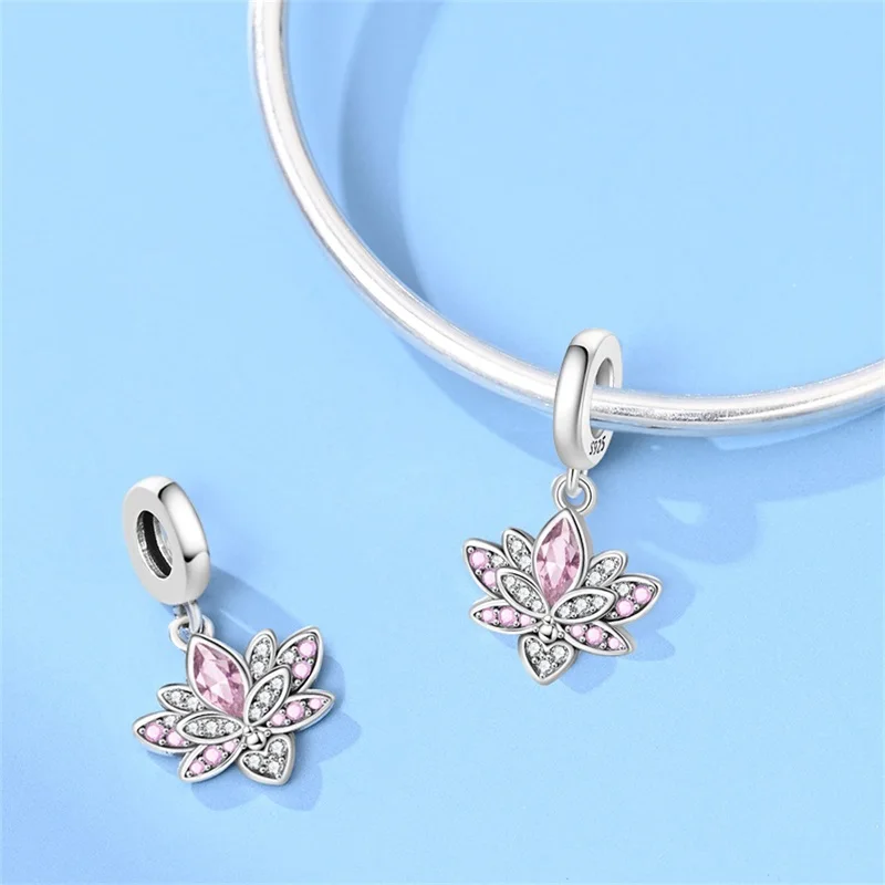 

New 925 Sterling Silver Pink Lotus Charms Pendant For Women Fit Original Bracelet DIY Anniversary Party Jewelry Gifts