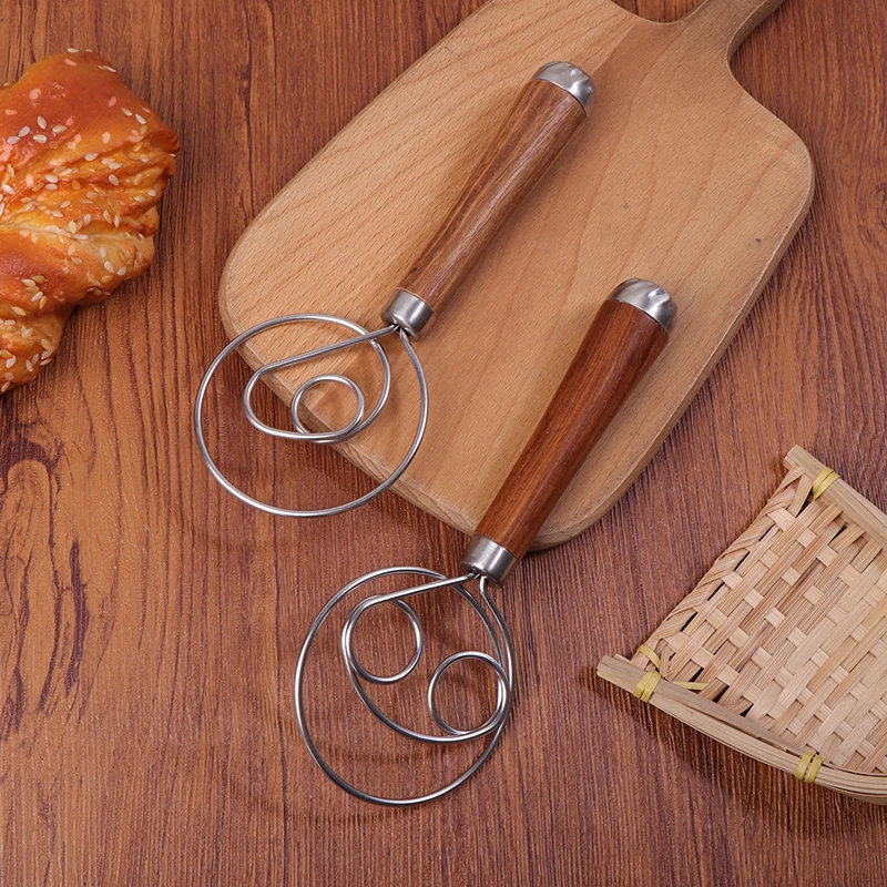 Danish Dough Whisk Wooden Handle Eggs Cream Mixing Rods Double Holes Flour Cake Stirrer Whisk Kitchen Baking Tools