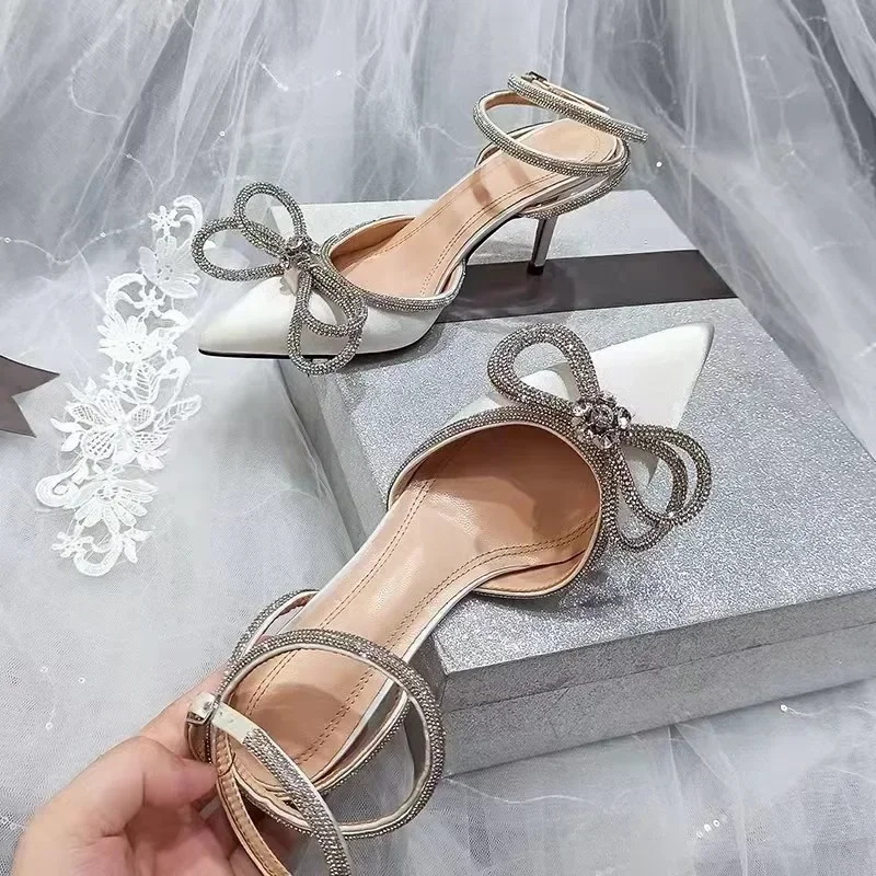 style Glitter Rhinestones Women Pumps Crystal bowknot Satin Summer Lady Shoes Genuine leather High heels Party Prom Shoes