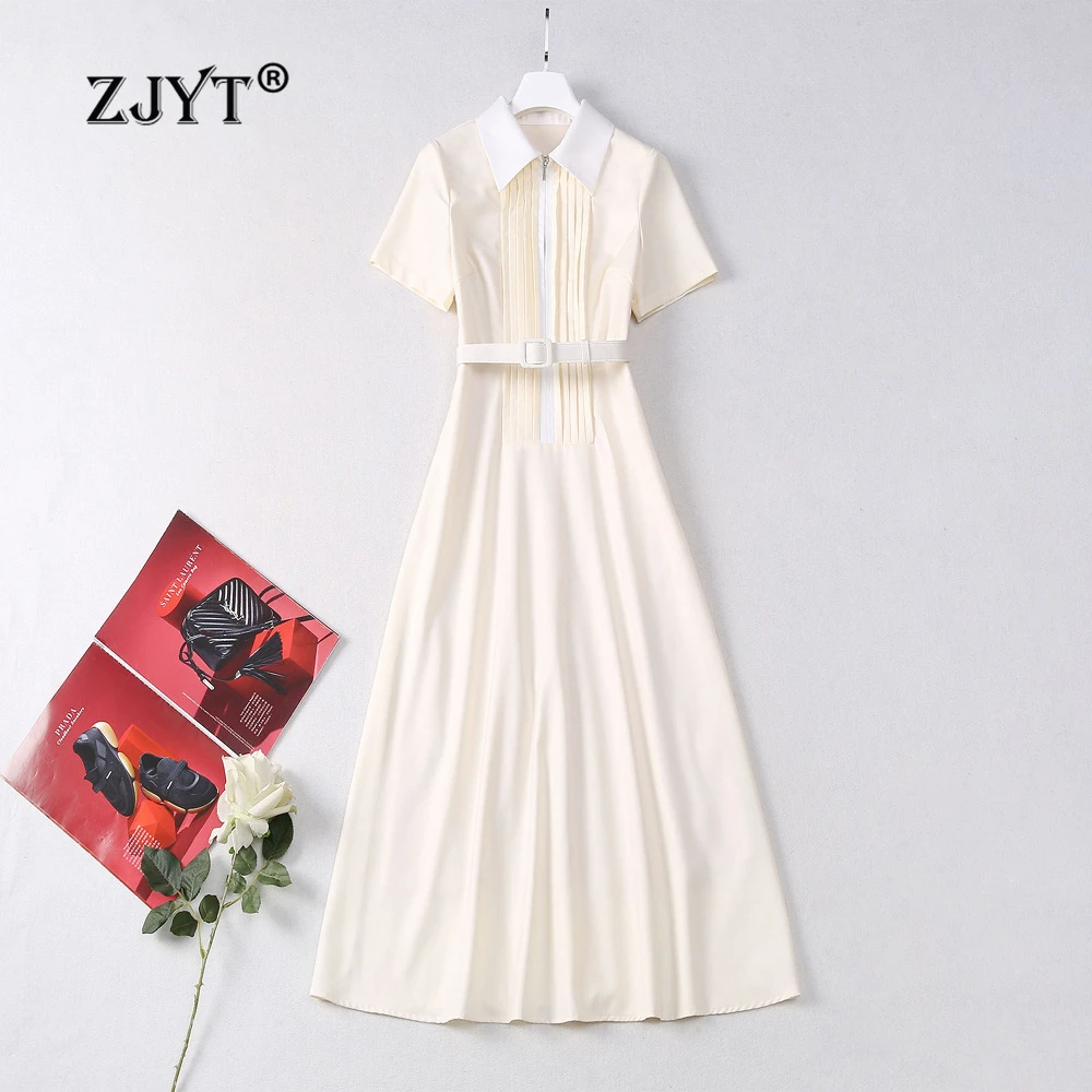 

ZJYT Runway Fashion Womens Dress 2024 Summer Clothes Short Sleeved Pleats Patchwork Midi Party Dresses Elegant Vestidos Female