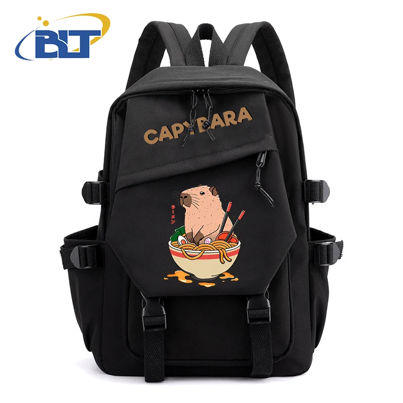 Cute Animal Capybara Printed Student Backpack Black Girls Backpack Primary and Secondary School Students Gift