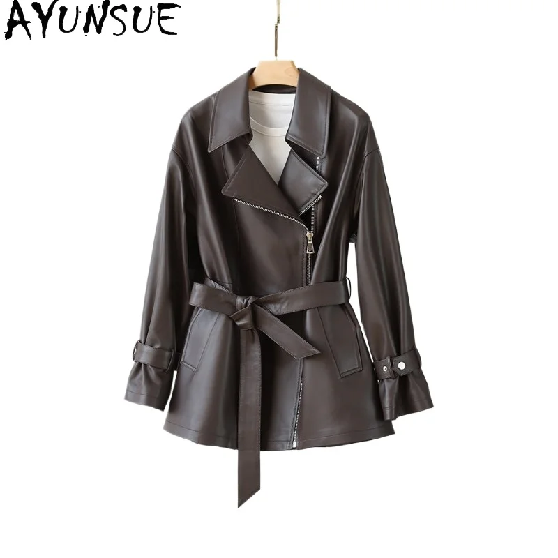 AYUNSUE Real Leather Jacket Woman Clothing Autumn Suit Coat Mid-length Genuine Sheepskin Coats Female Waist Belt Косуха Женская
