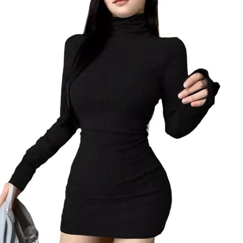 

Turtleneck Long Sleeve Black Dress Europe And The United States With The Latest Spring Summer Tight Hip Temperament Dress Платье