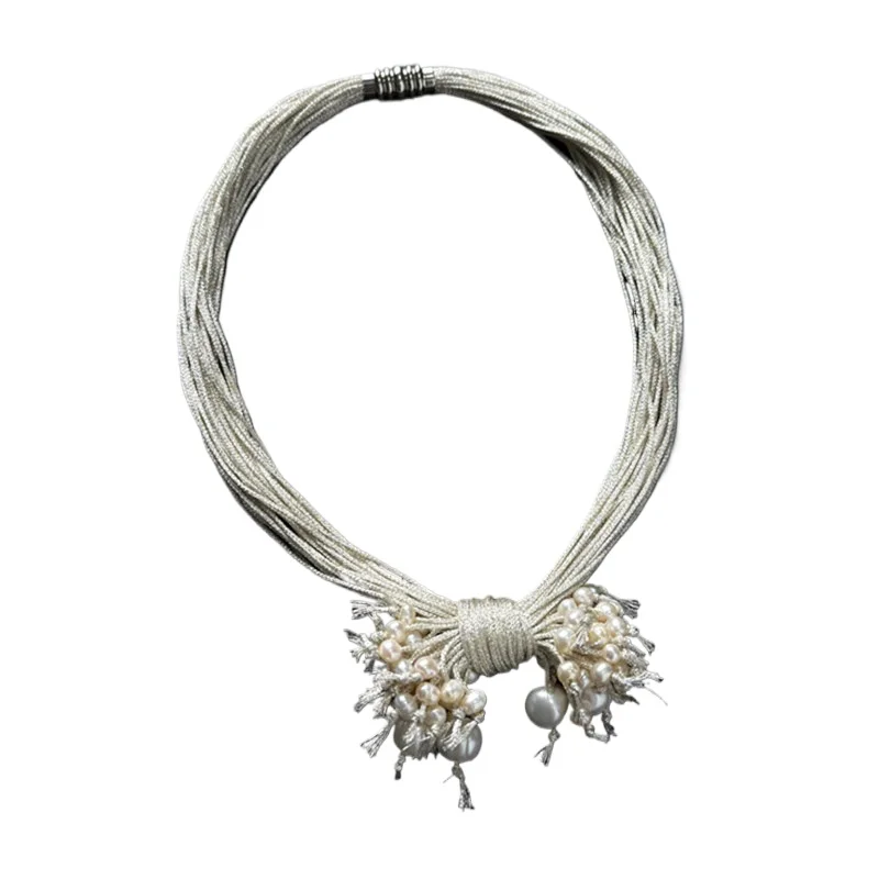Silver knot pearl fringed necklace French light luxury high temperament neck chain collarbone chain