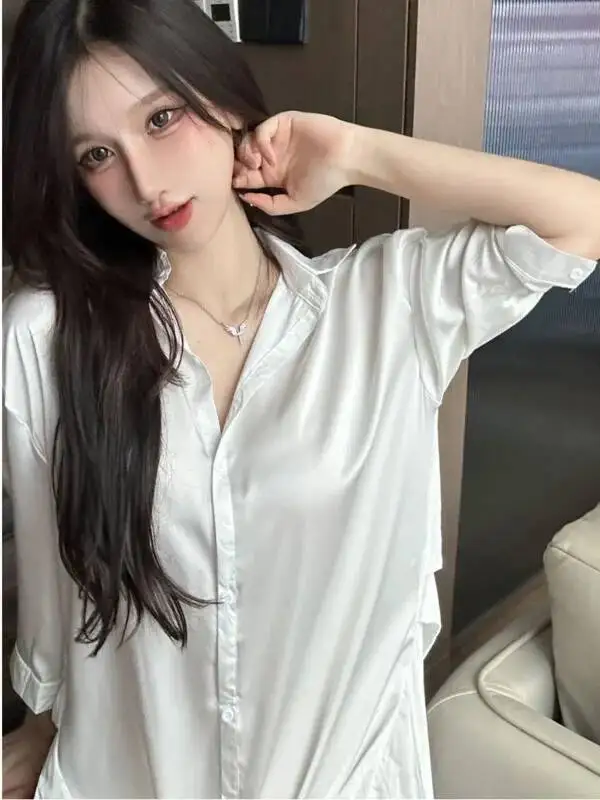 Exotic Summer Fashion tops Womens Wear Simple Fresh Sexy Style T-shirt Collar Loose long sleeve collared Shirt white blouse 23PS