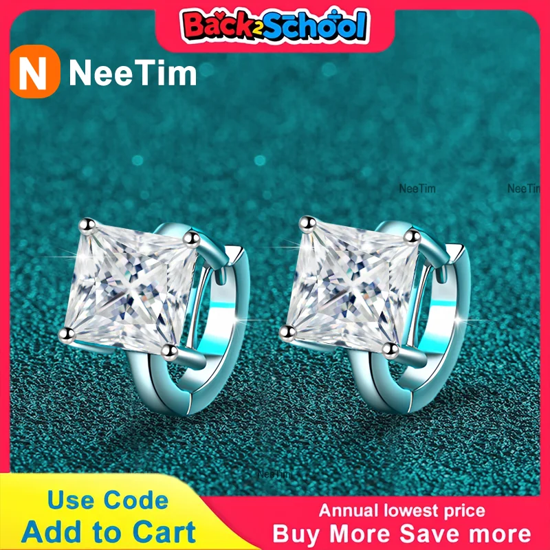 NeeTim 1ct 2ct  D Color Princess Moissanite Hoop Earring for Women Sparkling Lab Diamond 925 Sterling Silver Wedding Earrings