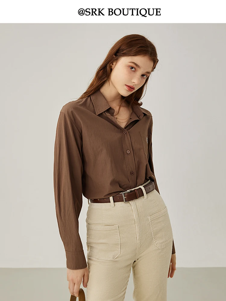 

SRK Retro Coffee Letter Women's Shirt Long Sleeve Simple Commute Style Autumn Winter New Arrival Small Size Friendly Top