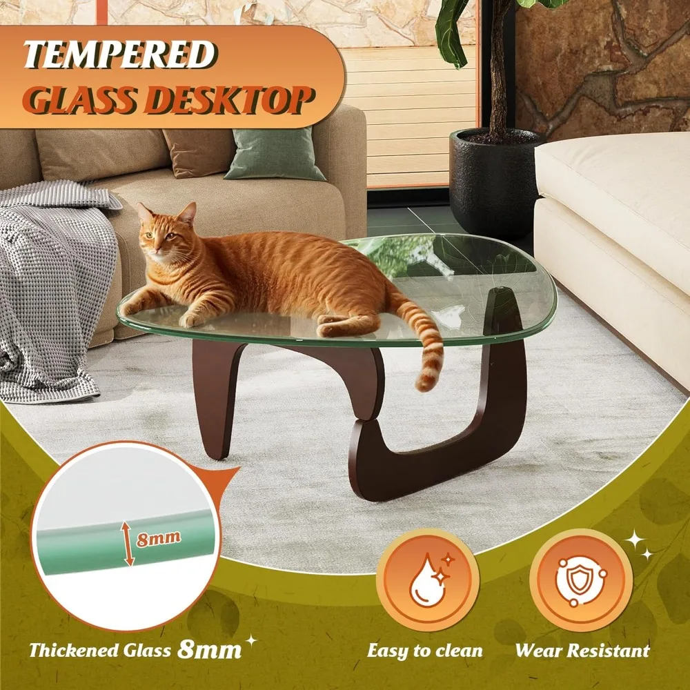 Mid Century Modern Small Glass Coffee Table with Wooden Legs, 36 Triangle Living Room Furniture, Contemporary Center Table