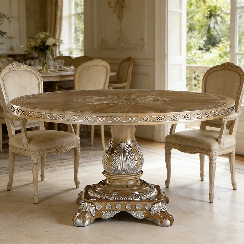 !@Royal Antique Peach Core Solid Wood American Exquisite Engraving  With Gold Foil Hotel/Villa  Round Dining Table