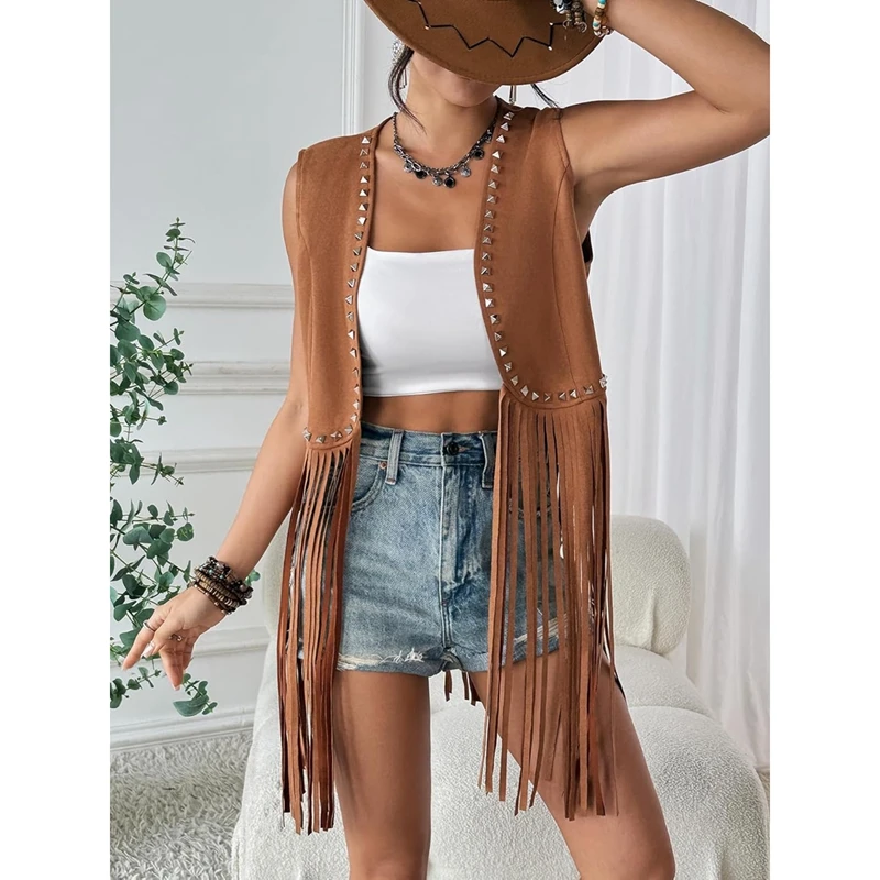 

Combhasaki Women Vintage Retro Metal Rivet Decor Vest Western Sleeveless Coat Open Front Tassel Hem Cardigan Club Streetwear