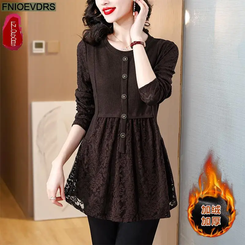 M-5XL Lace Velvet Top Women Autumn Winter French Design Elegant Office Lady Work Button Shirt Casual Slim Retro Peplum Blouses