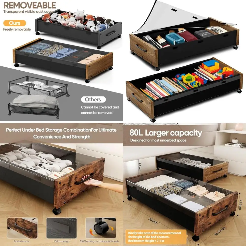 

Extra-Large 80L Rolling Under Bed Storage Bin Set, 2-Pack with Removable Lid for Clothes, Shoes, and Blankets Organization