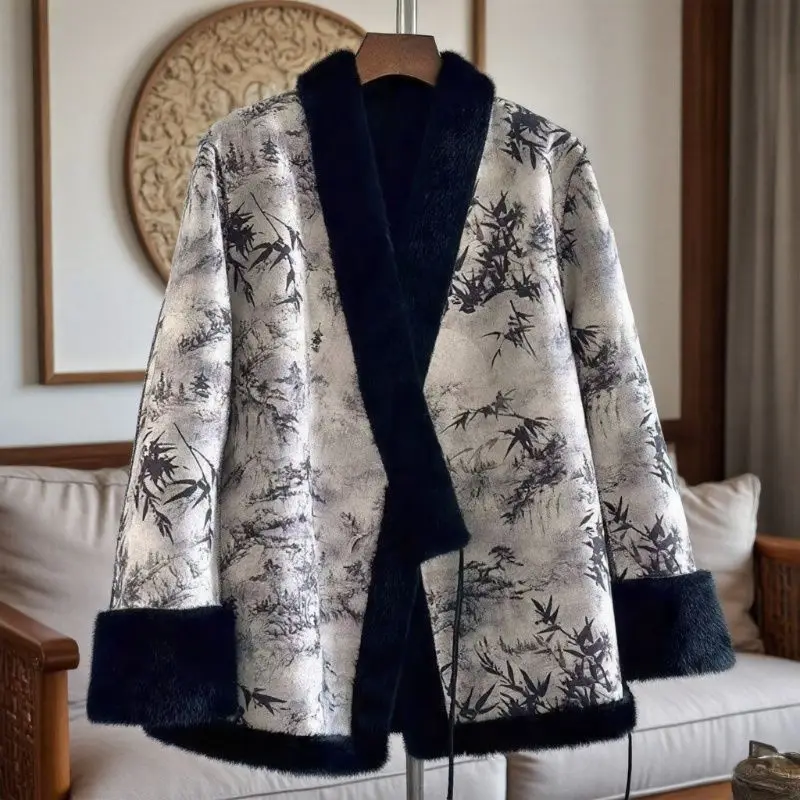 New Chinese Ink Painting National Style Fur Integrated Jacket Double-sided Gold Mink Fur Fleece Thicken Coat Mother Fur Overcoat
